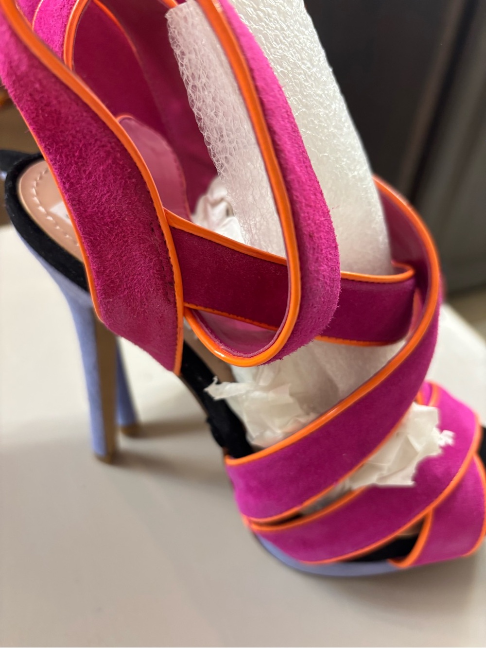 Women's Fuchsia Strappy Suede High Heel Sandals with Orange Trim